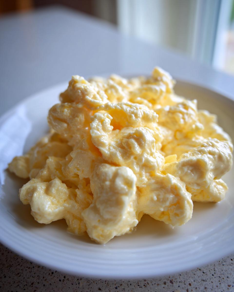 Close-up of perfectly cooked, creamy scrambled eggs piled high on a white plate.