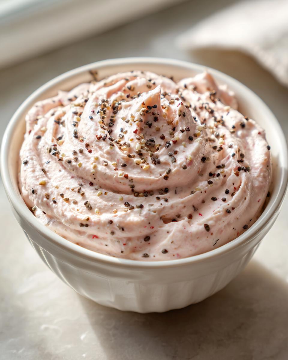 Close-up of a bowl filled with light pink smoked salmon dip, swirled and topped with cracked pepper.