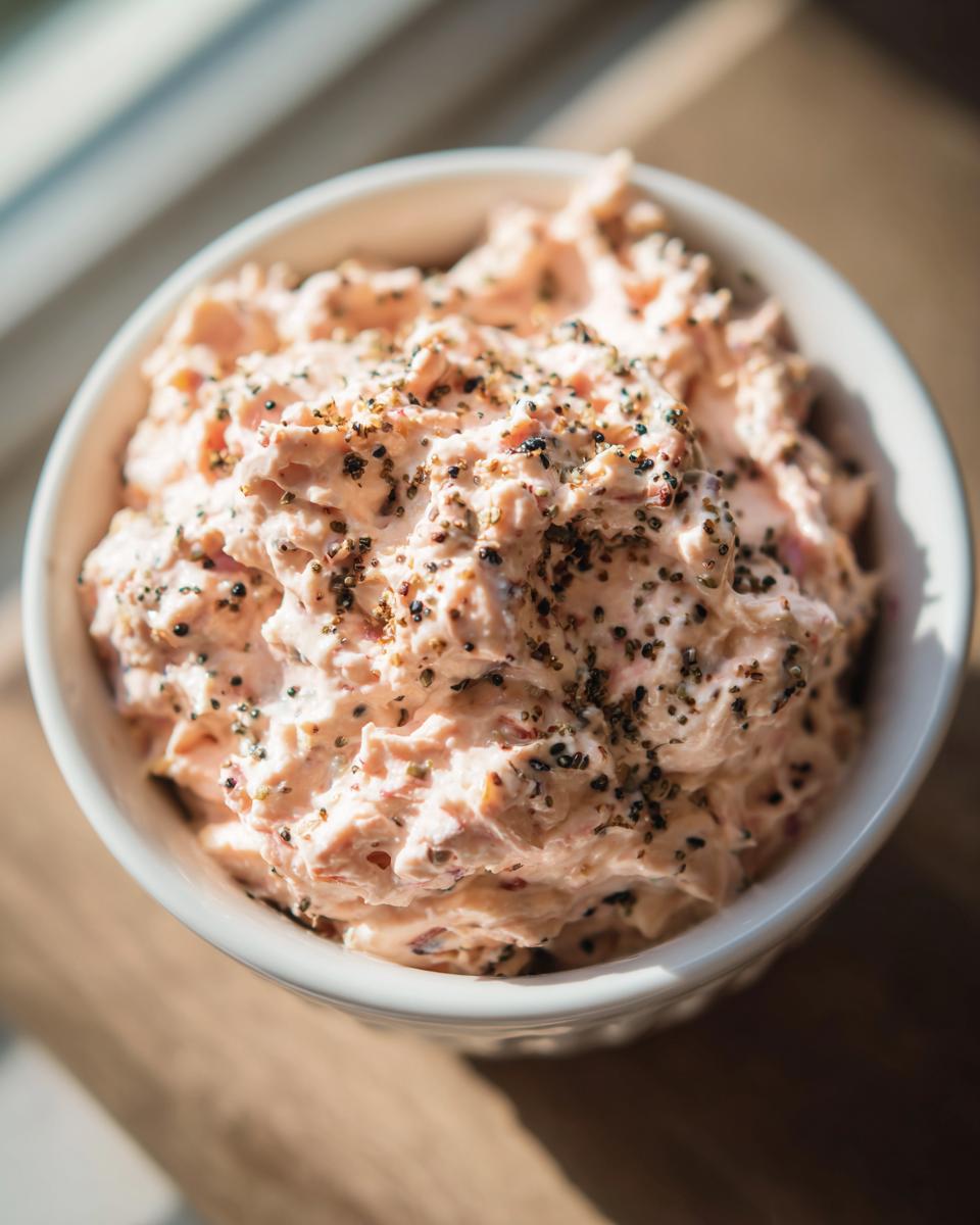 Close-up of a bowl filled with creamy pink smoked salmon dip, generously topped with cracked black pepper.