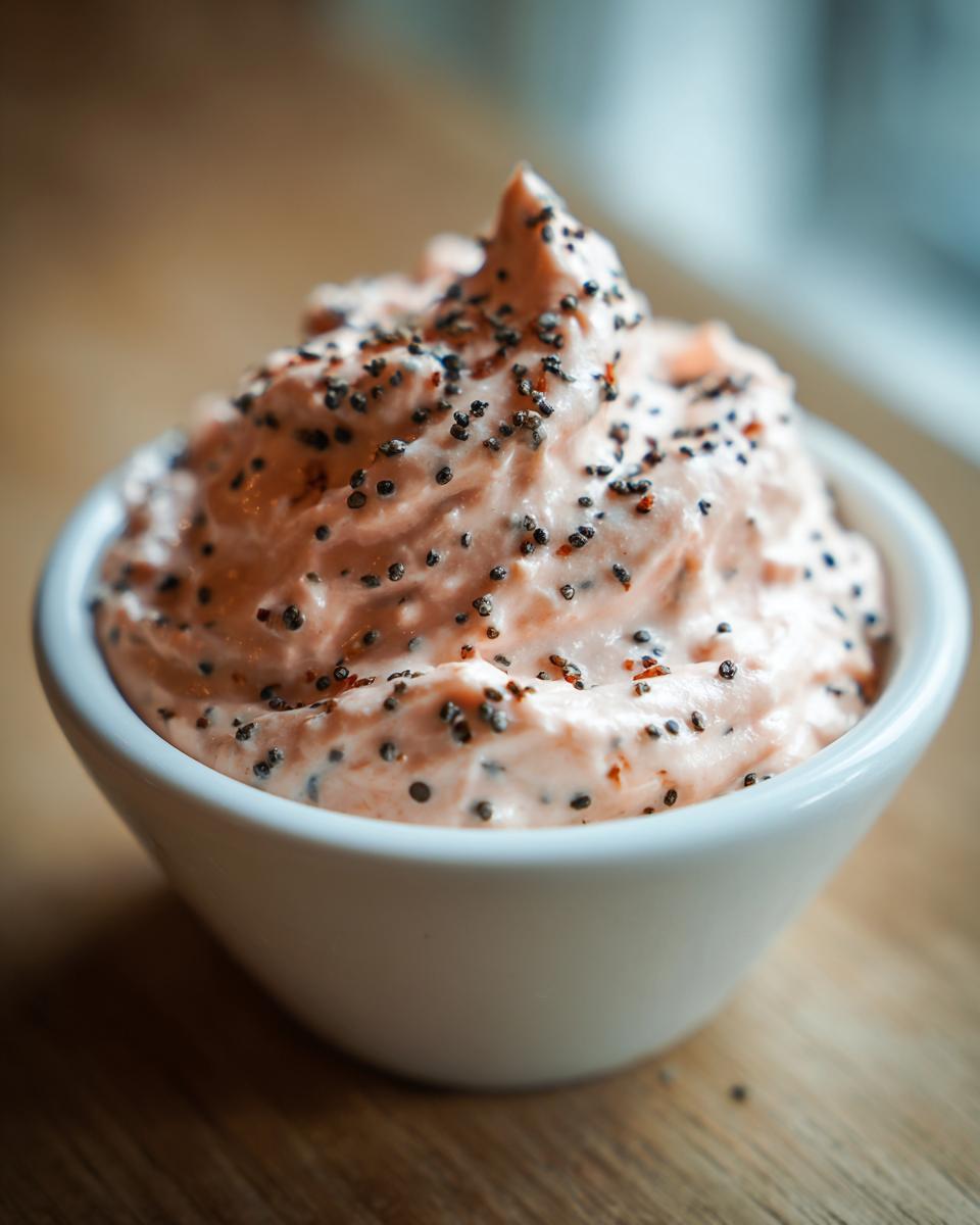 Close-up of creamy, pink smoked salmon dip topped generously with black poppy seeds in a white bowl.