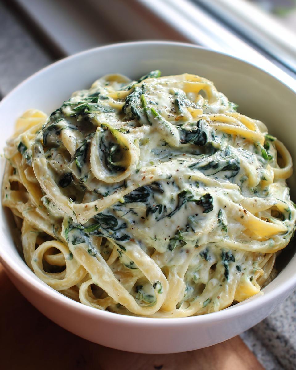 Close-up of creamy spinach pasta tossed in a rich white sauce, served in a white bowl.