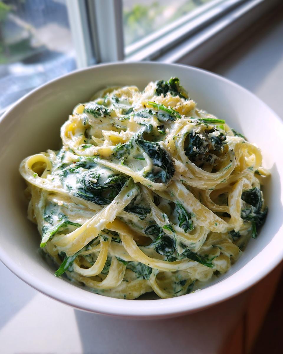 Close-up of creamy spinach pasta tossed in a rich white sauce, served in a white bowl near a window.