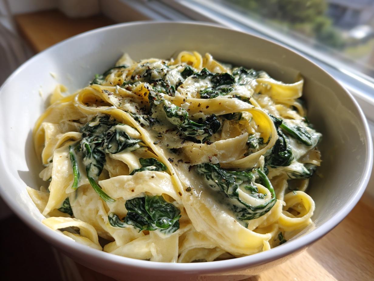 Close-up of creamy spinach pasta featuring fettuccine noodles coated in a rich white sauce with wilted spinach, topped with pepper.