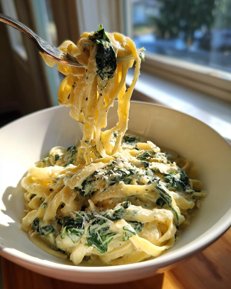 A fork lifts creamy fettuccine spinach pasta coated in a rich sauce from a white bowl.