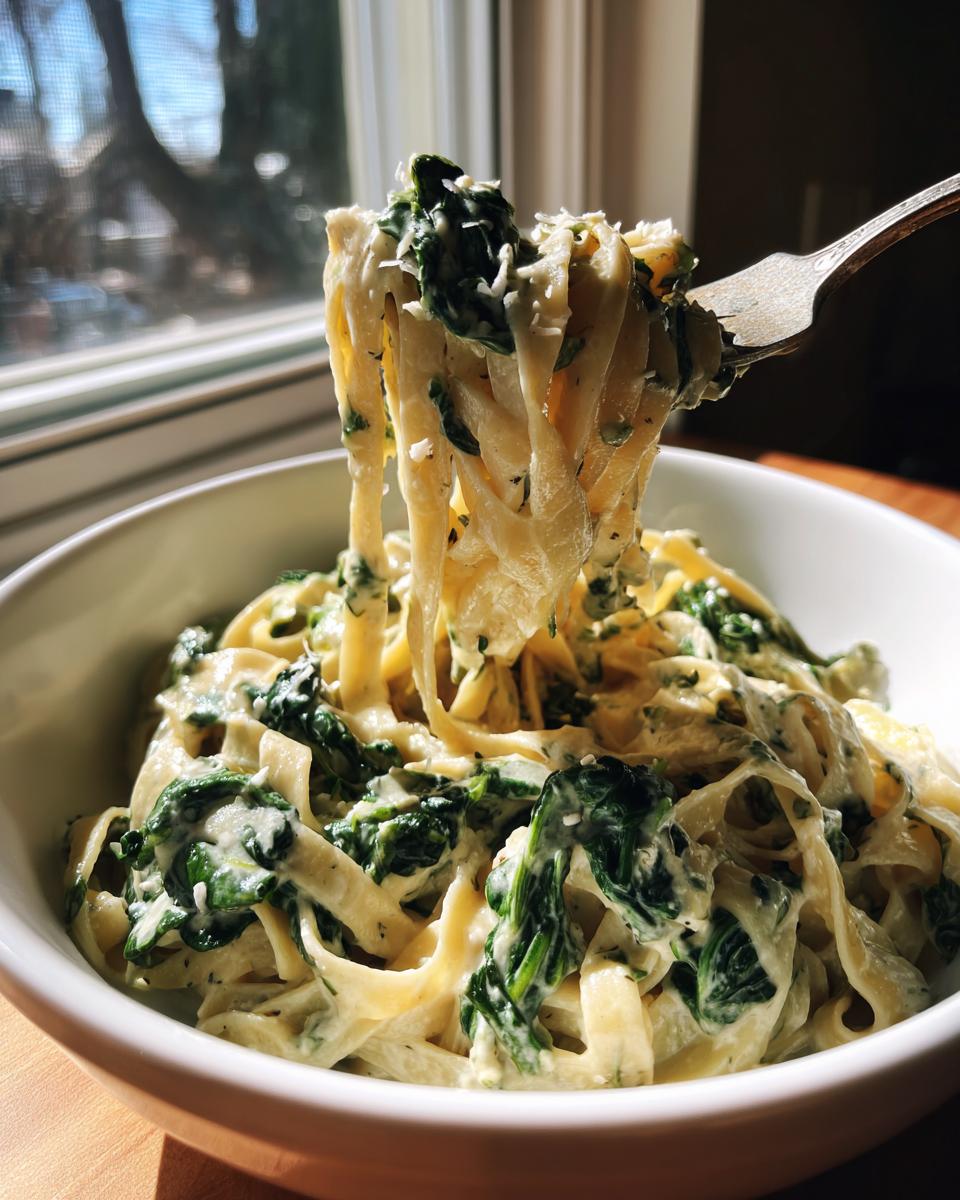 A fork lifting creamy spinach pasta from a white bowl, showing fettuccine coated in a rich sauce with dark green spinach.