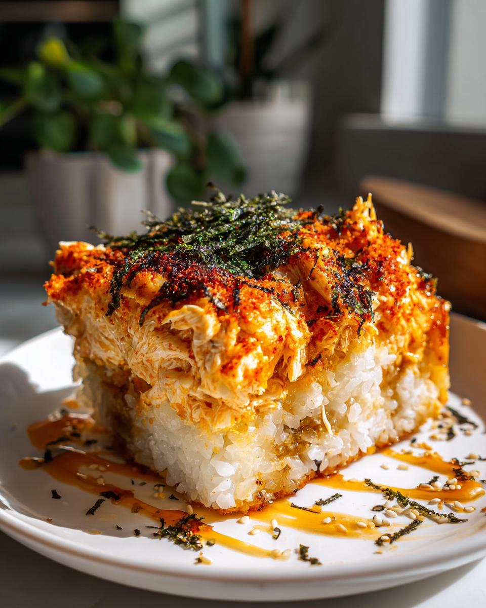 A thick, square slice of creamy sushi bake topped with spicy orange sauce and nori flakes on a white plate.