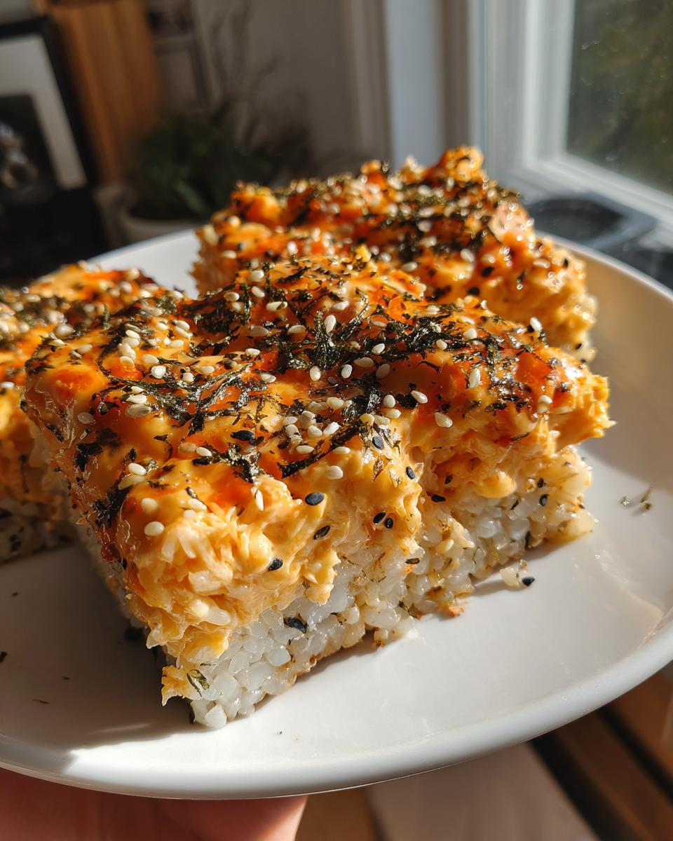 Close-up of three servings of creamy sushi bake topped with sesame seeds and nori.