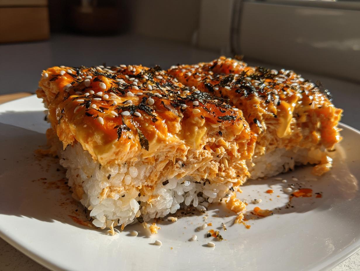 Two thick slices of creamy sushi bake, layered with rice and topped with spicy orange sauce and furikake seasoning.
