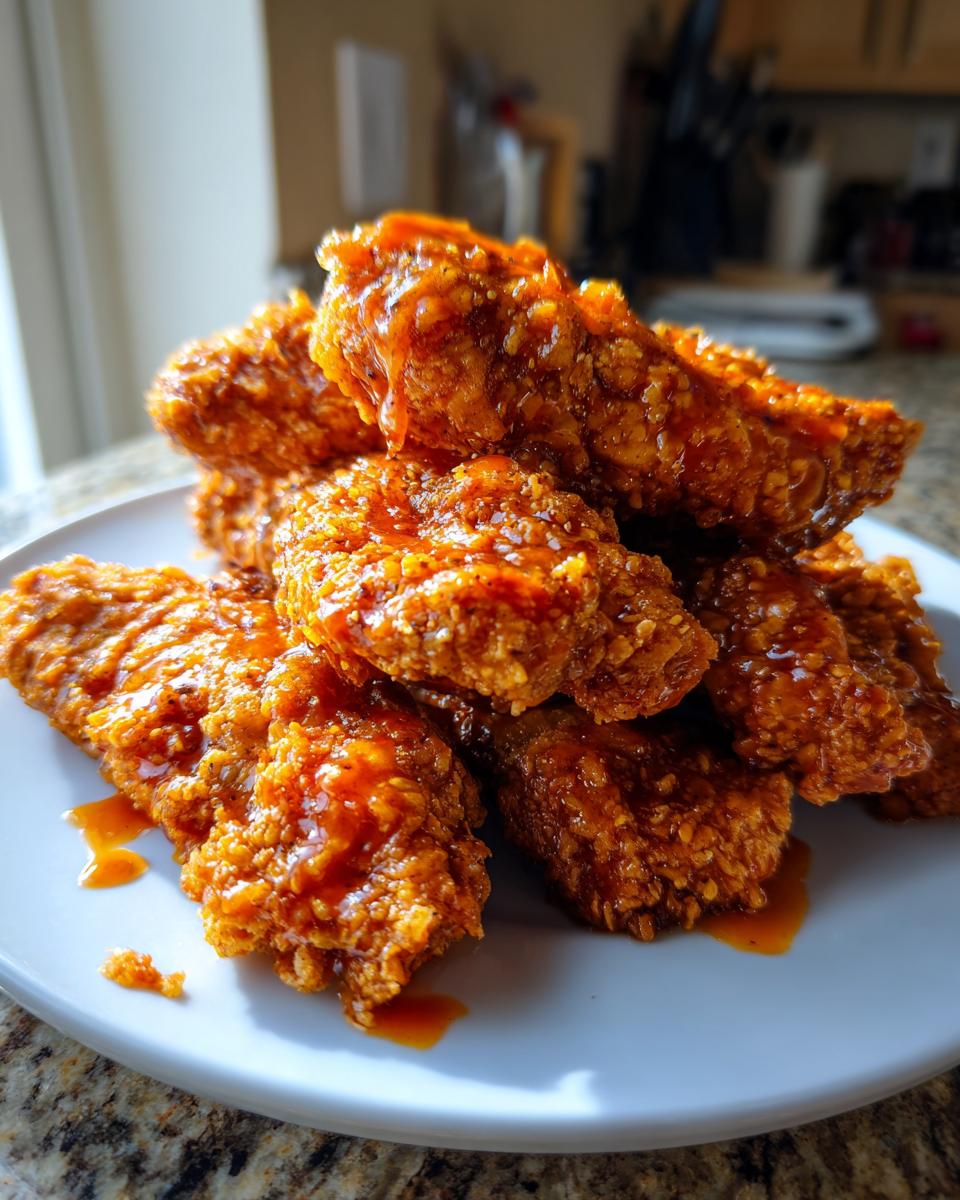A pile of crispy, golden brown hot honey chicken tenders glistening with sweet and spicy glaze on a white plate.