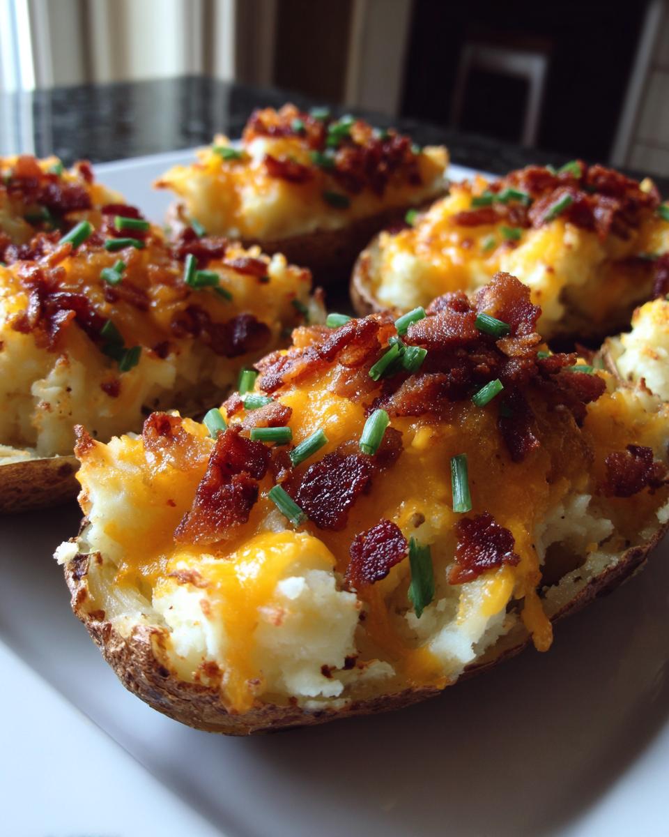 Several crispy potato skins filled with mashed potato, melted cheddar cheese, bacon bits, and fresh chives.