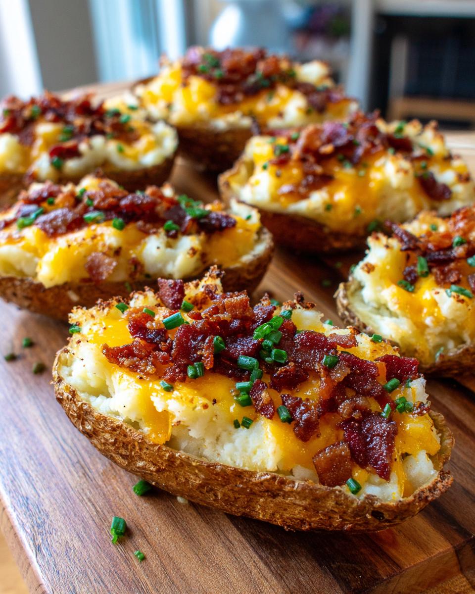 Close-up of several crispy potato skins filled with mashed potato, melted cheddar cheese, bacon bits, and chives.