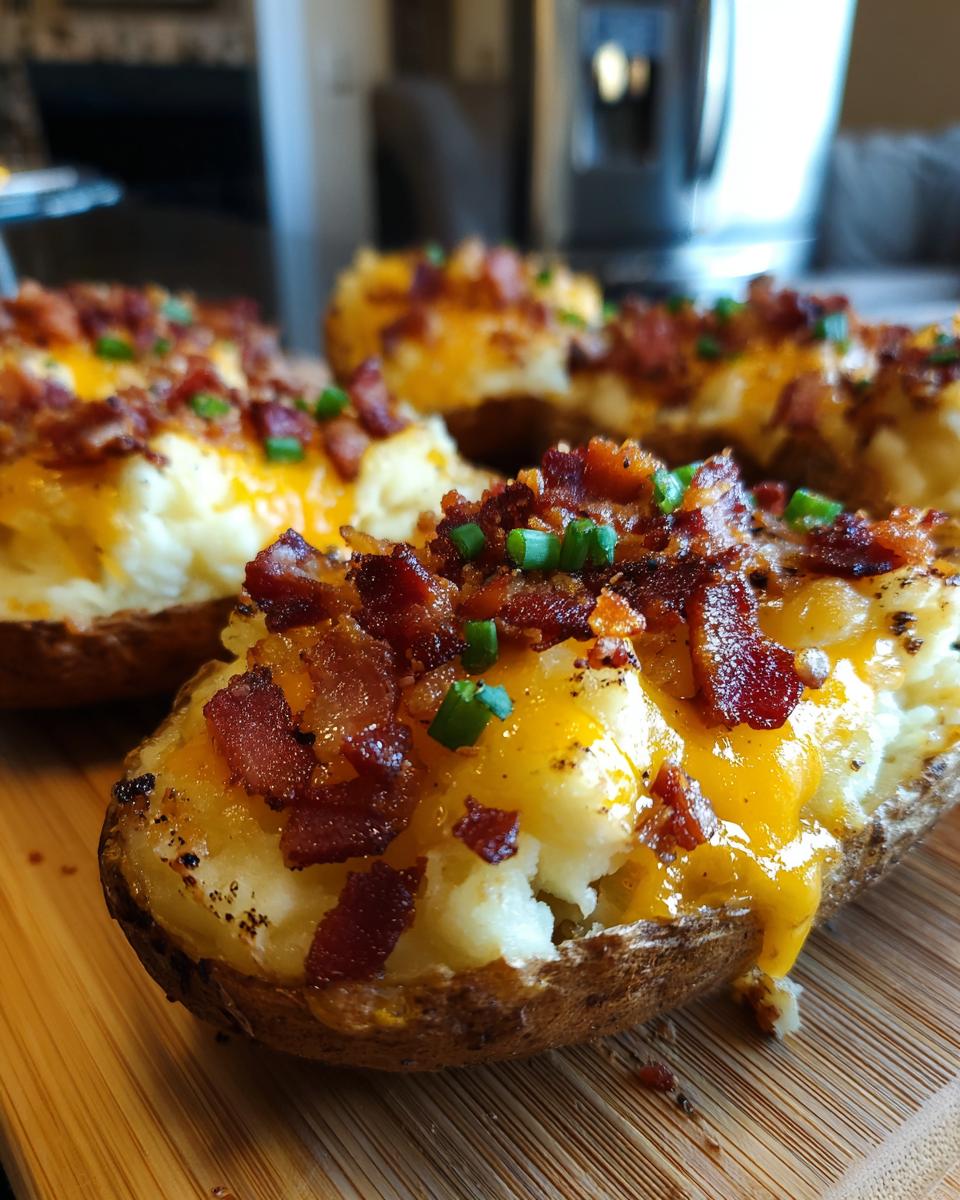 Close-up of crispy potato skins loaded with mashed potato filling, melted cheddar cheese, bacon bits, and chives.