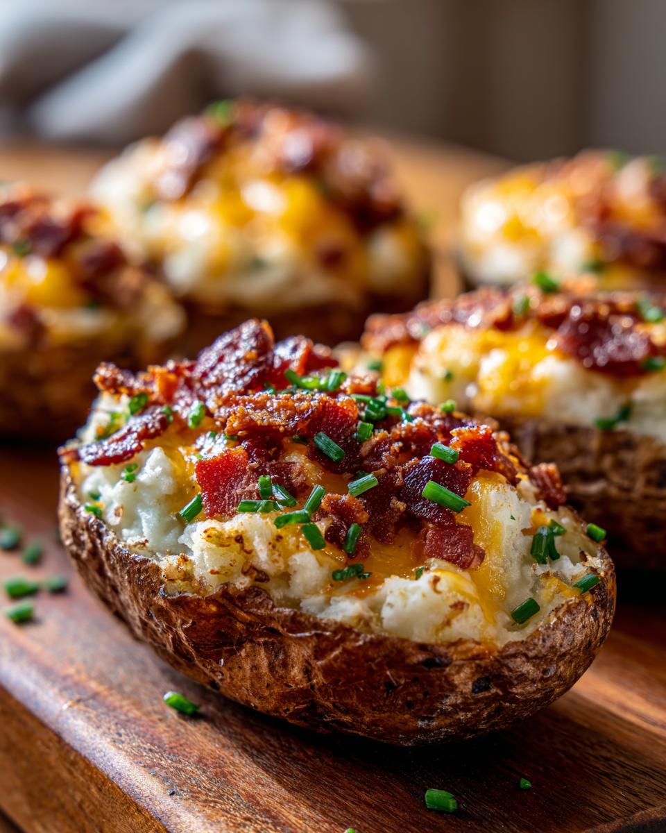 Close-up of a perfectly baked potato skins loaded with mashed potato, melted cheddar cheese, crispy bacon bits, and fresh chives.