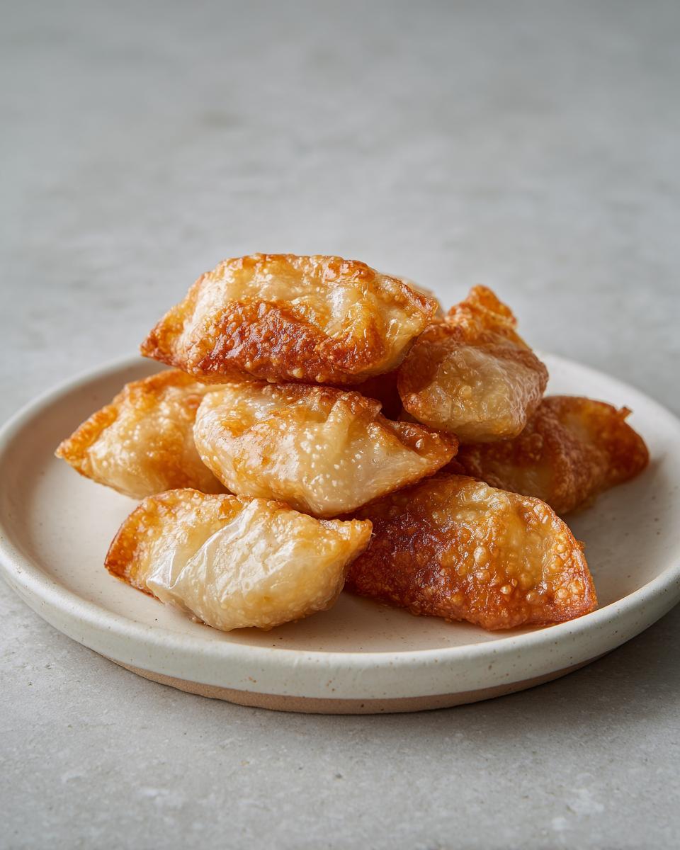 A stack of golden brown, crispy rice paper dumplings resting on a small, light-colored ceramic plate.
