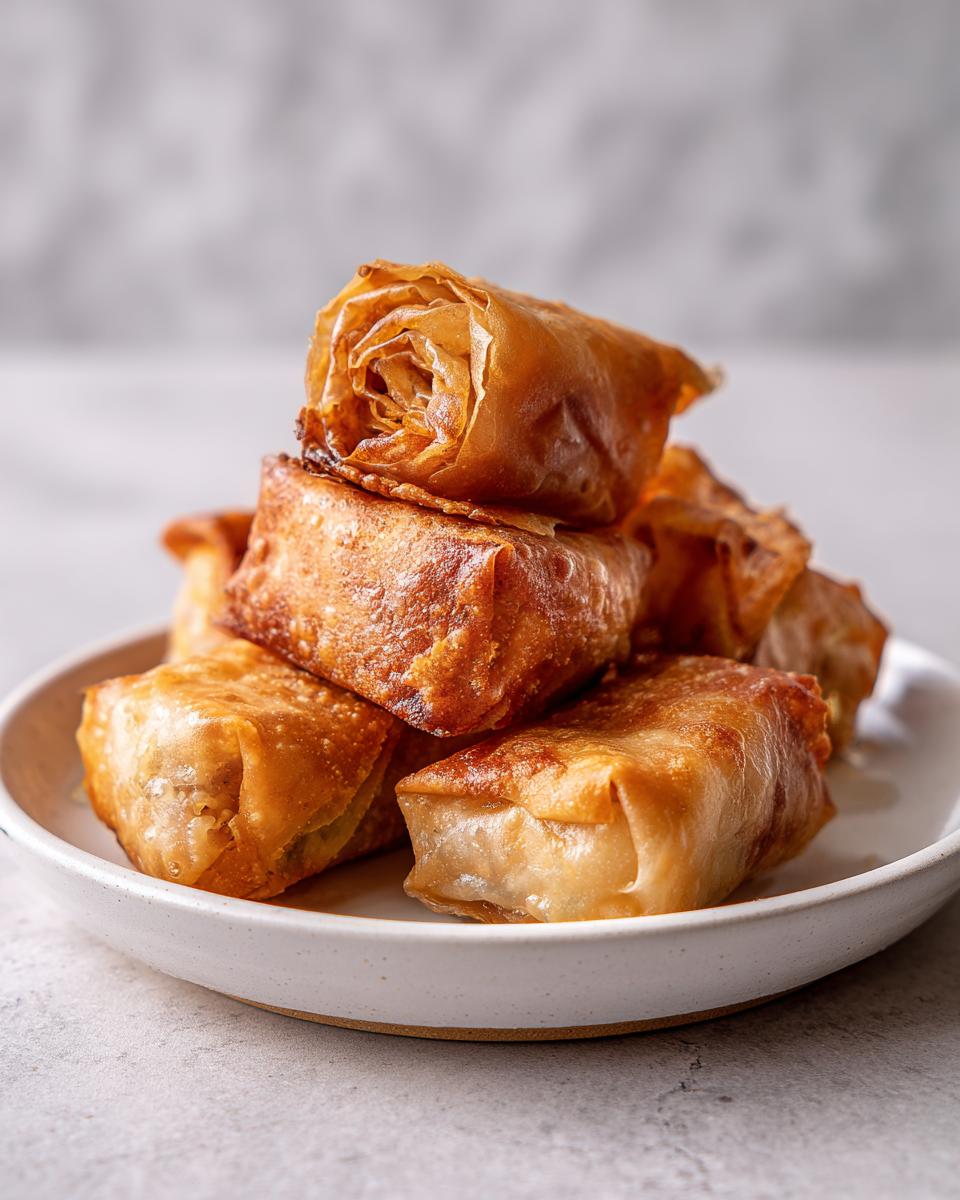 A stack of golden brown, crispy rice paper dumplings piled on a small white plate.