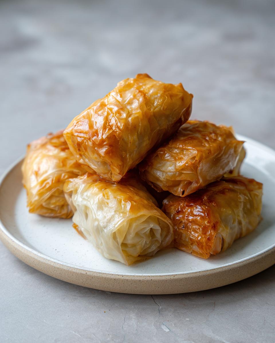 A stack of five golden, crispy rice paper dumplings resting on a white and tan ceramic plate.