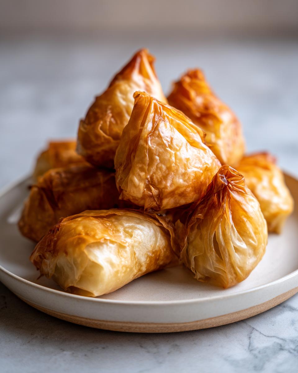 A stack of golden brown, crispy rice paper dumplings on a light ceramic plate.