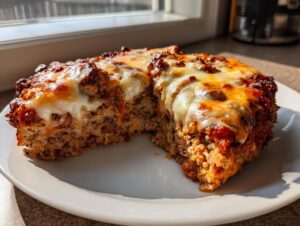 A thick slice of juicy crockpot french onion meatloaf topped with melted, browned cheese and tomato sauce.