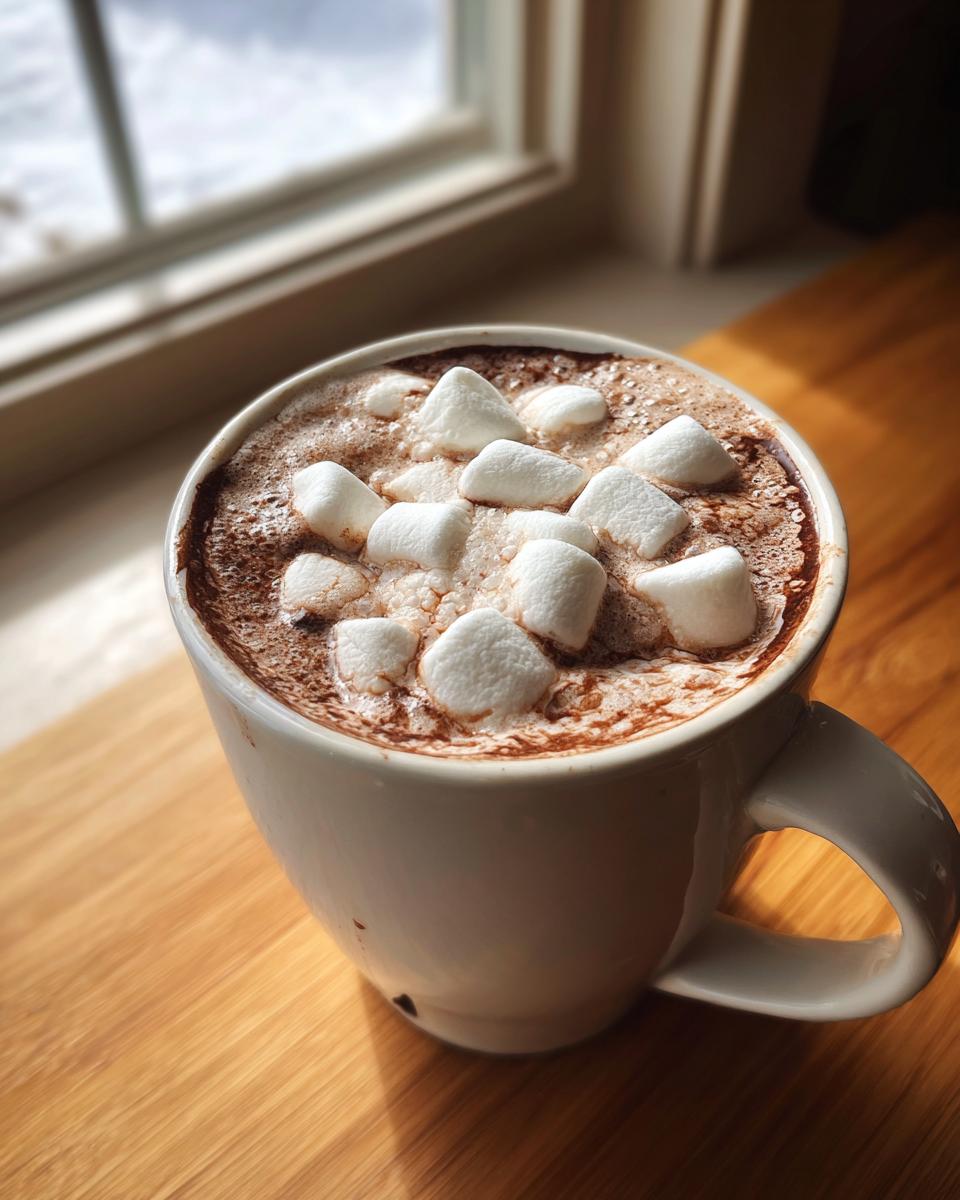 A warm mug of rich crockpot hot chocolate topped with fluffy white marshmallows next to a window.