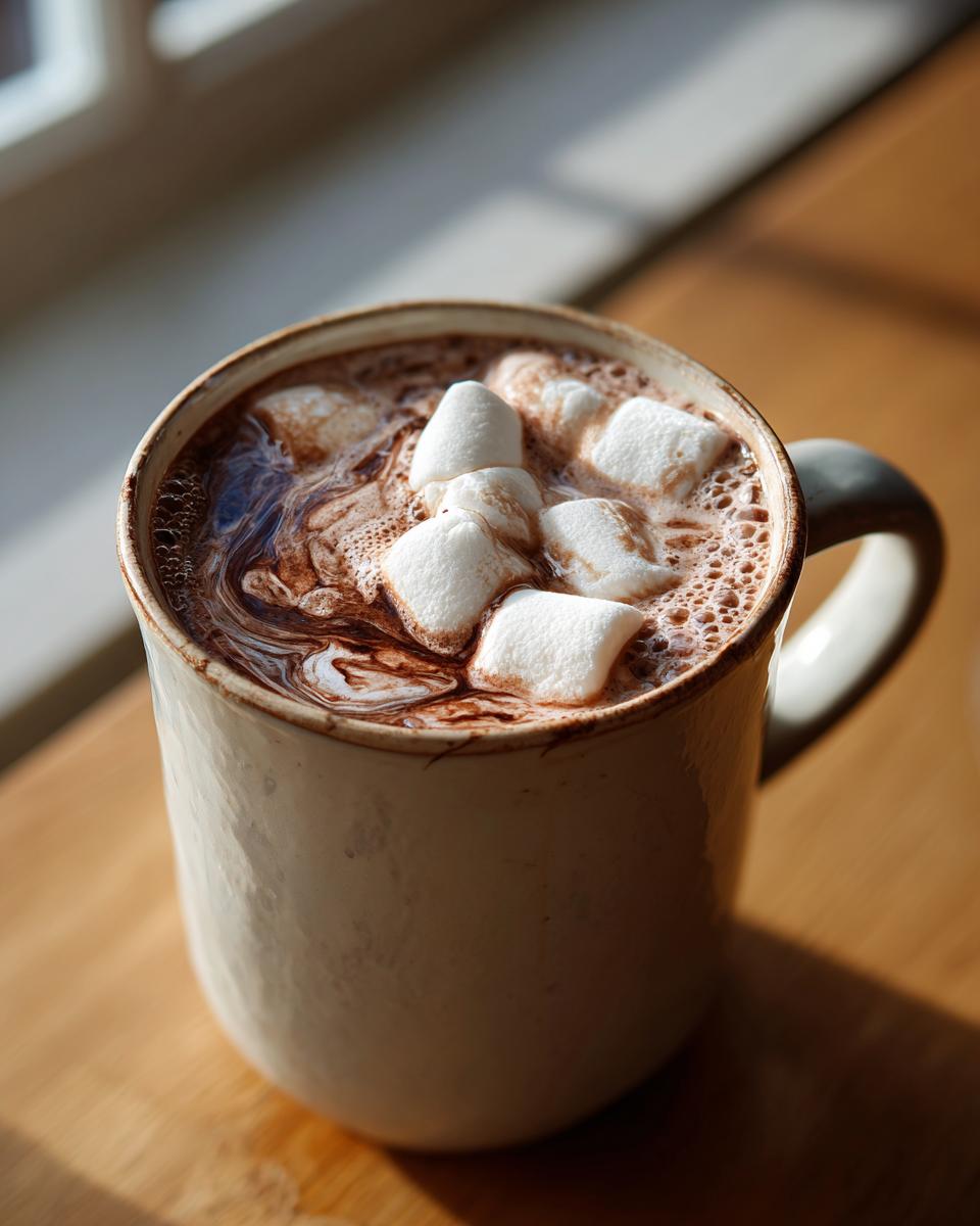Close-up of a creamy mug of hot chocolate topped with marshmallows, perfect for a crockpot hot chocolate recipe.