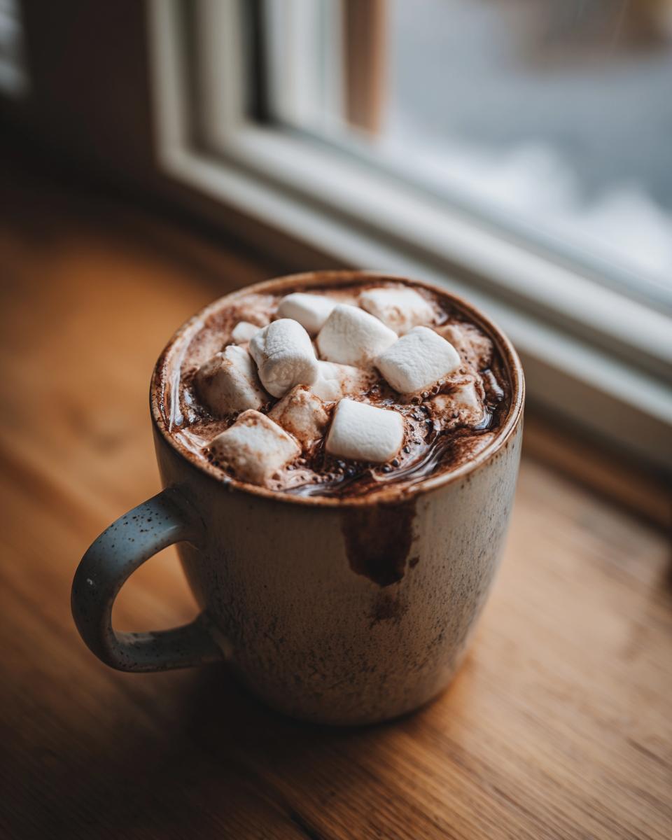 A cozy mug filled with rich crockpot hot chocolate topped with fluffy white marshmallows.