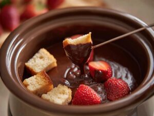 A piece of cake is dipped into rich, melted chocolate fondue along with fresh strawberries.