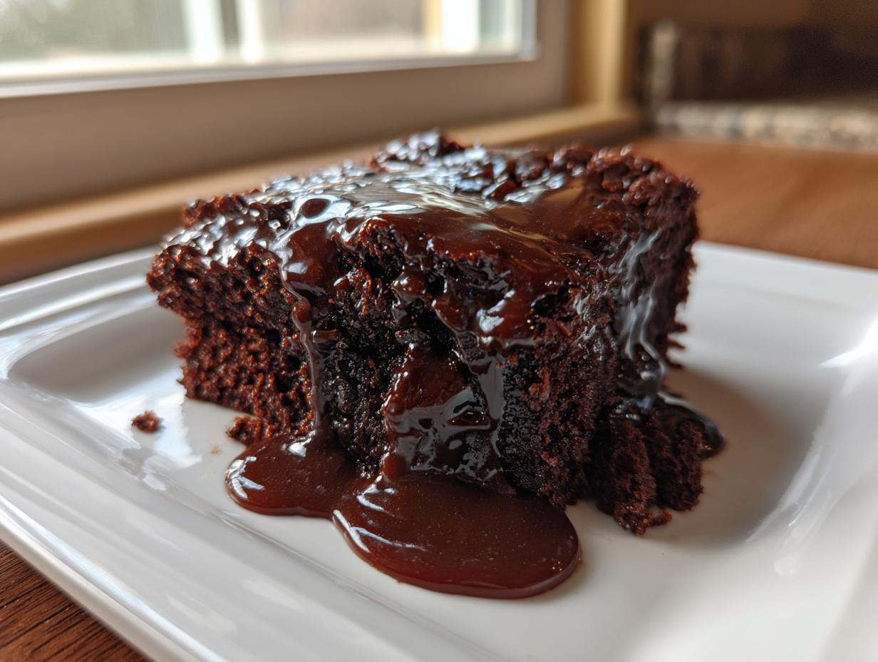 A rich, dark slice of chocolate pudding cake smothered in glossy chocolate sauce.