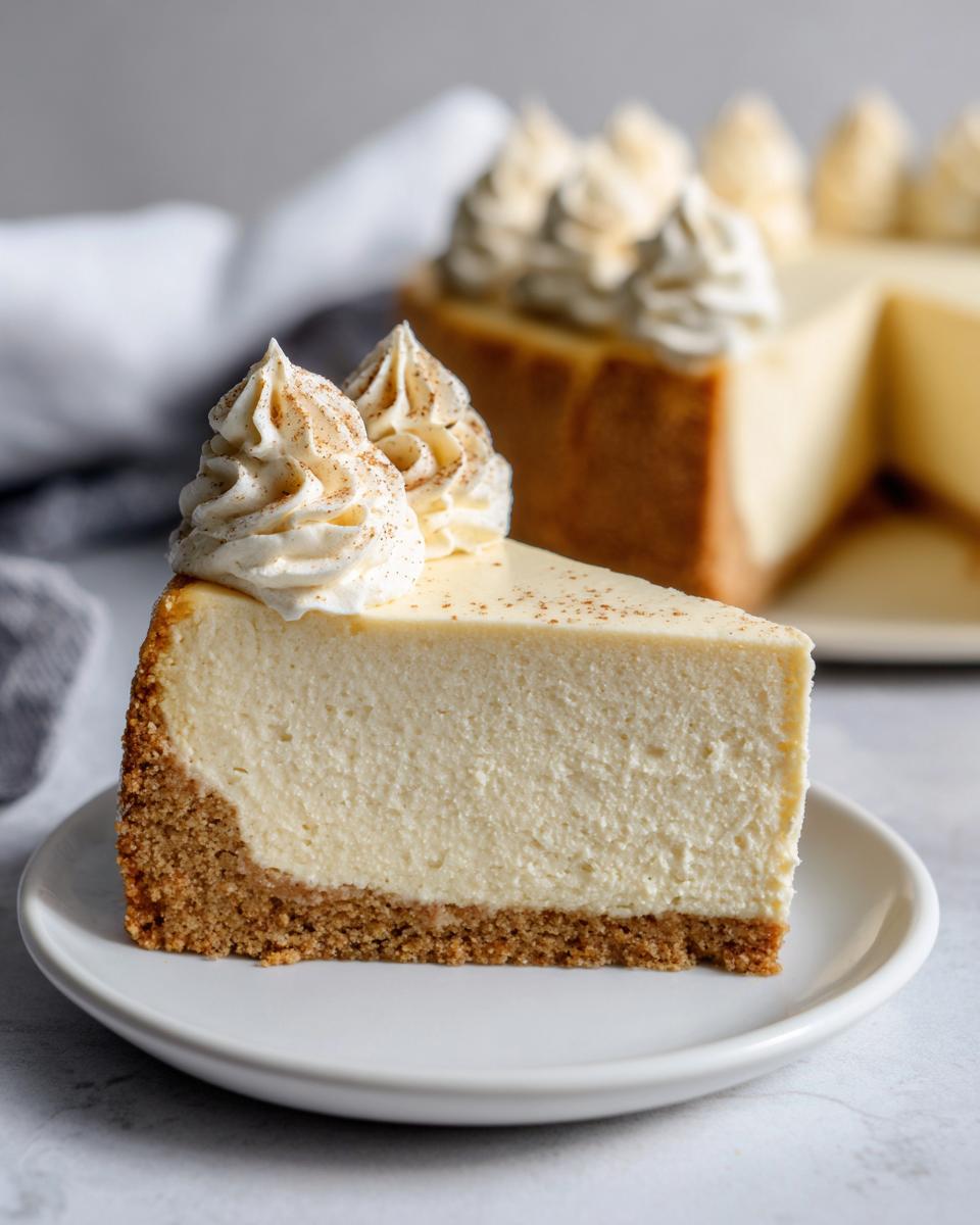 A perfect slice of amazing eggnog cheesecake recipe on a white plate, topped with whipped cream and nutmeg.