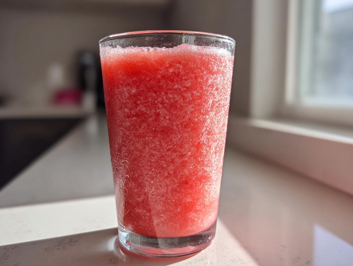 A tall glass filled with a bright red, icy watermelon smoothie sitting on a sunlit white counter.
