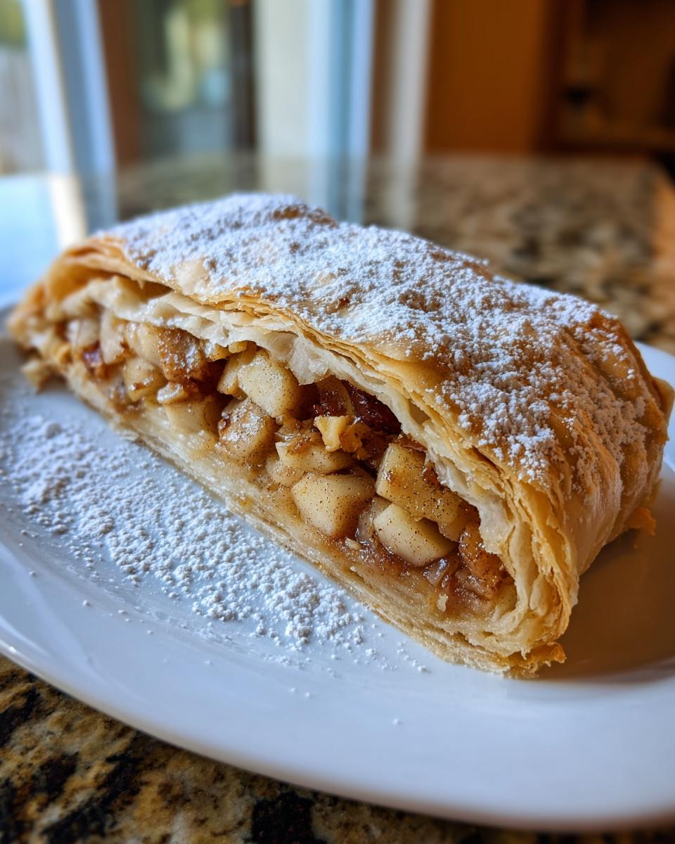 A close-up of a flaky slice of apple strudel, filled with spiced apples and topped generously with powdered sugar.