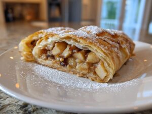 A close-up of a flaky, golden-brown slice of apple strudel filled with spiced apples and dusted with powdered sugar.