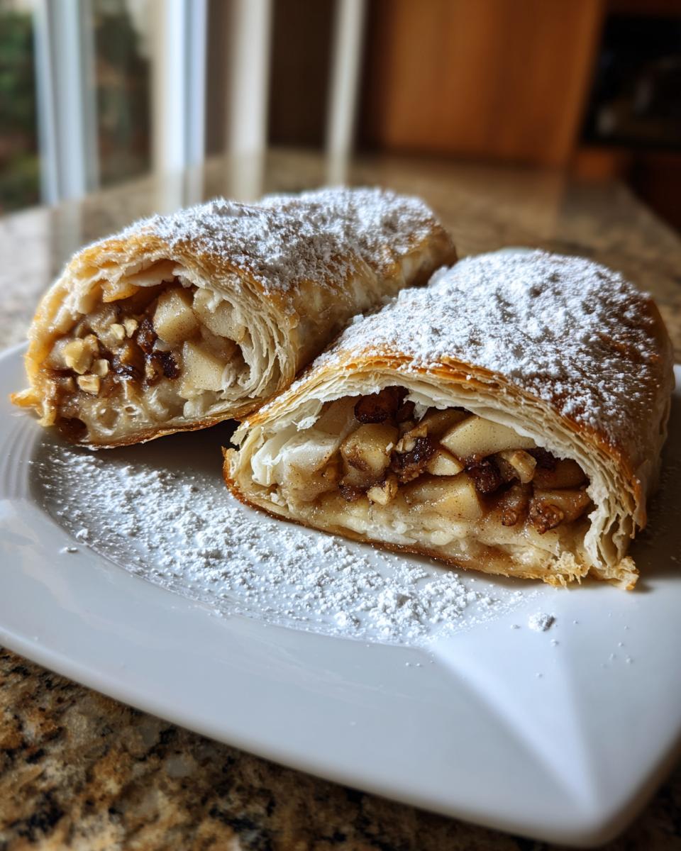 Two cross-sections of flaky apple strudel filled with spiced apples and nuts, dusted heavily with powdered sugar.