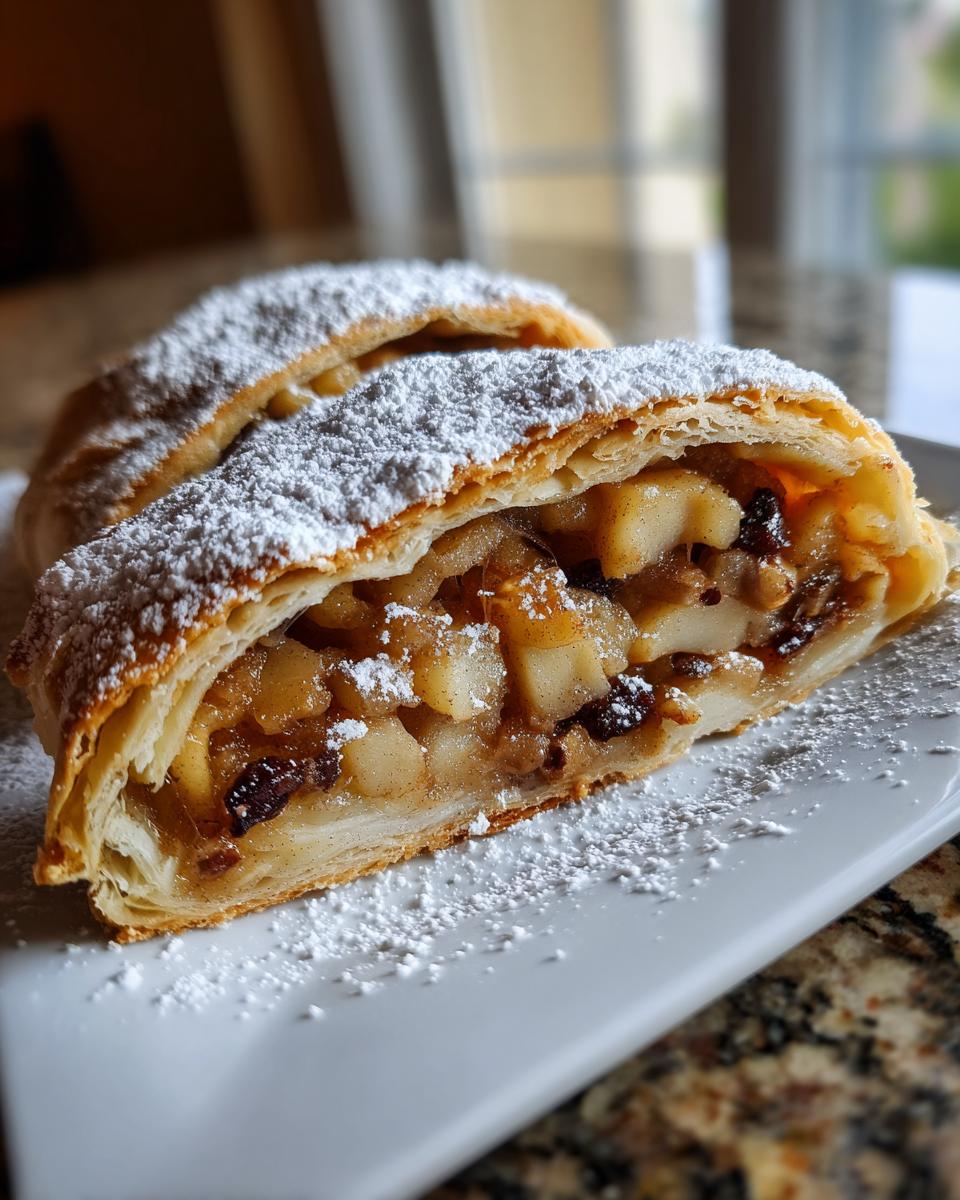 Two slices of freshly baked apple strudel, filled with spiced apples and raisins, dusted heavily with powdered sugar.