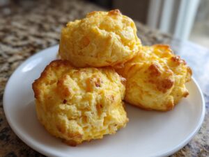 Three fluffy, golden baked egg bites stacked slightly on a white plate, ready for a quick breakfast.