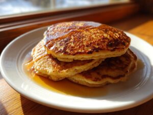 A stack of three fluffy banana oatmeal pancakes drizzled generously with maple syrup.