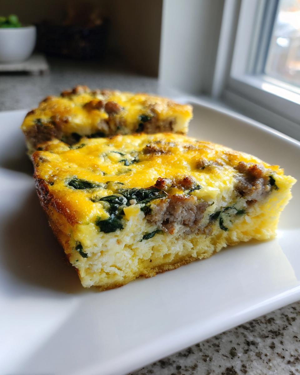 Two slices of fluffy egg bake with sausage, spinach, and melted cheddar cheese on a white plate.