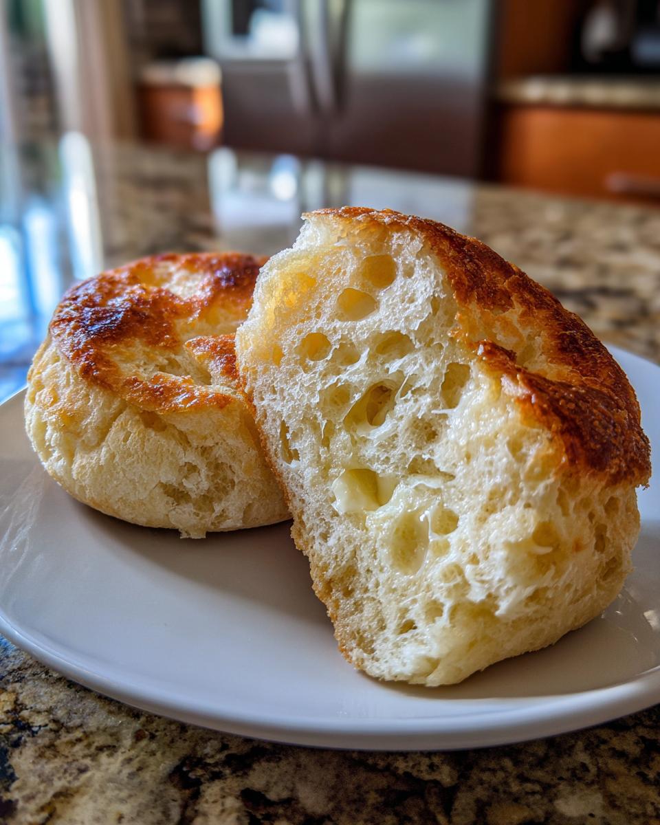 A close-up of two homemade english muffins, one split open showing the airy interior and melting butter.