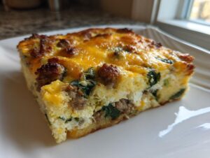 A close-up of a fluffy, square slice of sausage and spinach egg bake topped with melted cheddar cheese.
