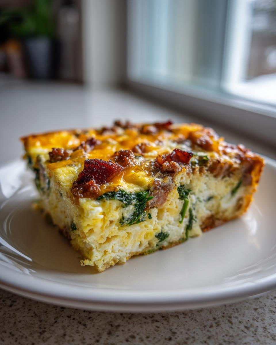 A fluffy square slice of sausage and spinach egg bake served on a white plate.
