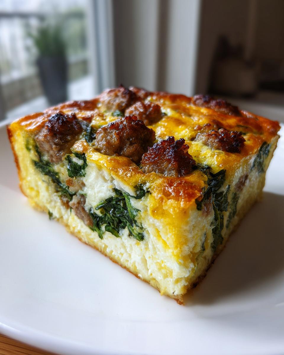 A square slice of fluffy egg bake with sausage and spinach served on a white plate.