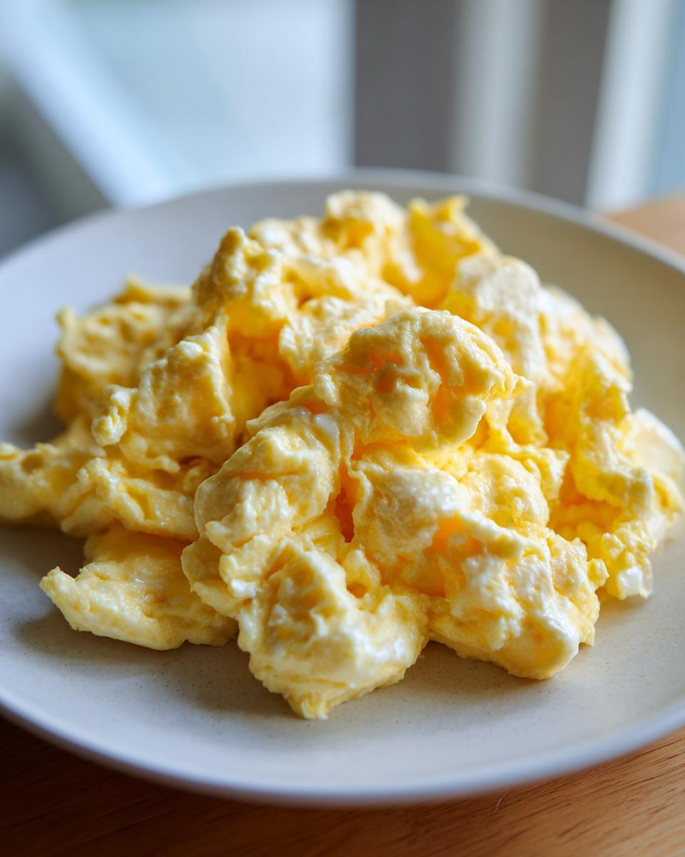 A close-up of creamy, fluffy scrambled eggs piled high on a light-colored plate.