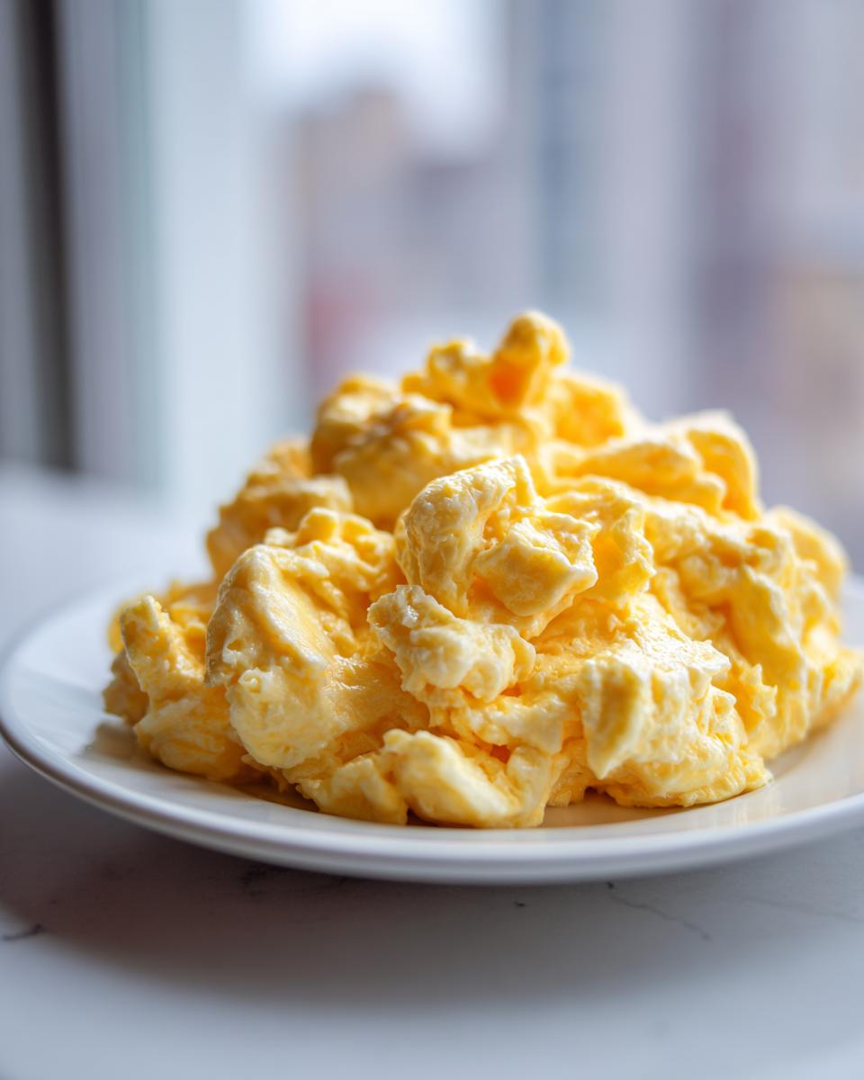Close-up of perfectly cooked, fluffy scrambled eggs piled high on a white plate.