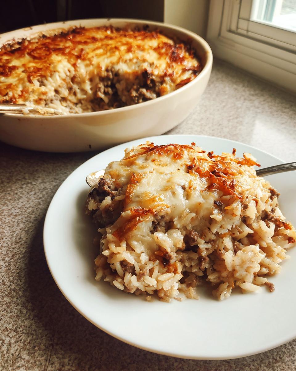 A serving of french onion ground beef and rice casserole topped with melted, browned cheese on a white plate.