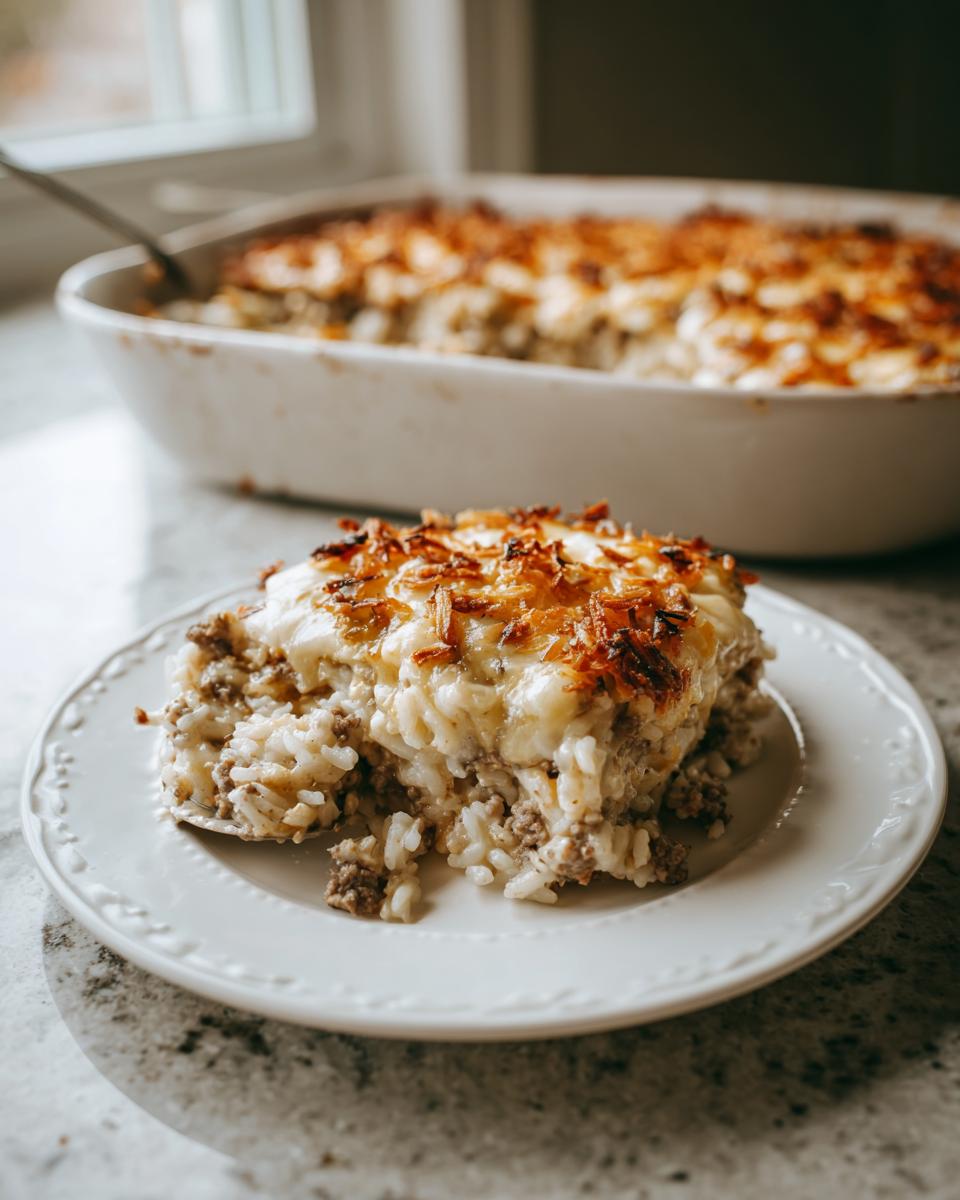 A serving of french onion ground beef and rice casserole with a cheesy, crispy onion topping on a white plate.