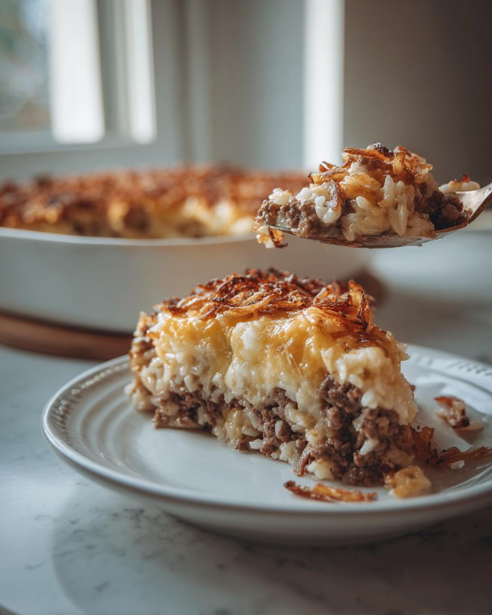 A slice of french onion ground beef and rice casserole with a spoonful being lifted.