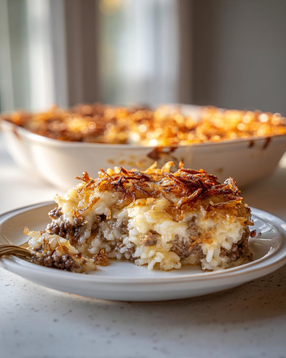 A slice of french onion ground beef and rice casserole with crispy fried onions on top.