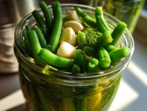 Close-up of fresh green dilly beans being packed into a jar with whole garlic cloves and fresh dill fronds for pickling.