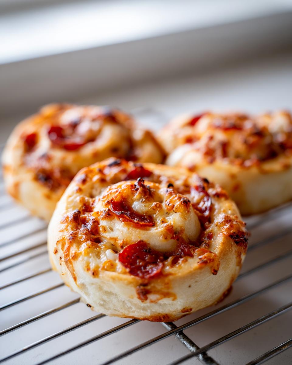 Close-up of three freshly baked pepperoni pizza pinwheels resting on a wire cooling rack.