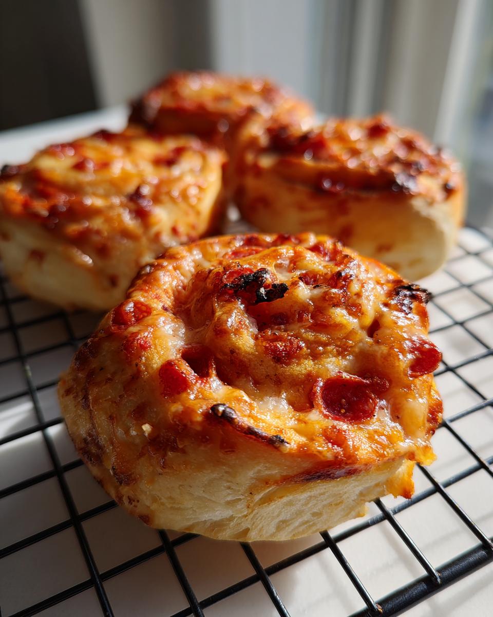 Close-up of golden brown, cheesy pizza pinwheels topped with pepperoni resting on a black wire cooling rack.