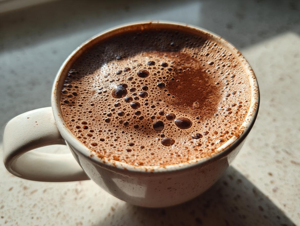 Close-up of a white mug filled with rich, frothy mexican hot chocolate, illuminated by sunlight.
